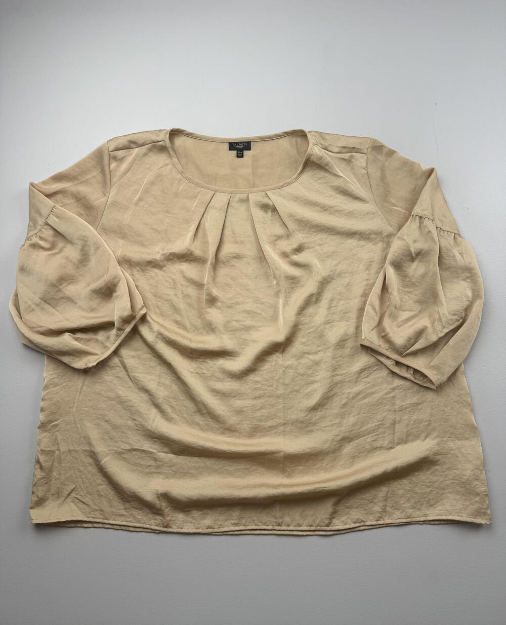 Talbots Blouse Womens 22W Beige Scoop Neck 3/4 Puff Sleeve Basic Lightweight Top